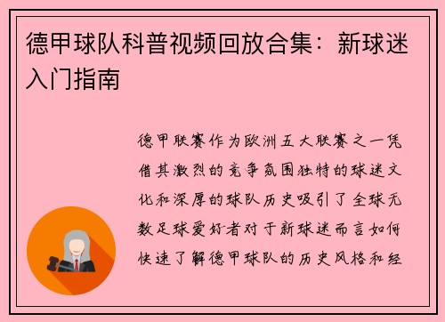德甲球队科普视频回放合集：新球迷入门指南
